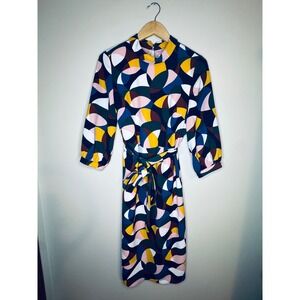 Boden Geometric Abstract Print Midi Dress Multi-Color Mock Neck Belted US 6R